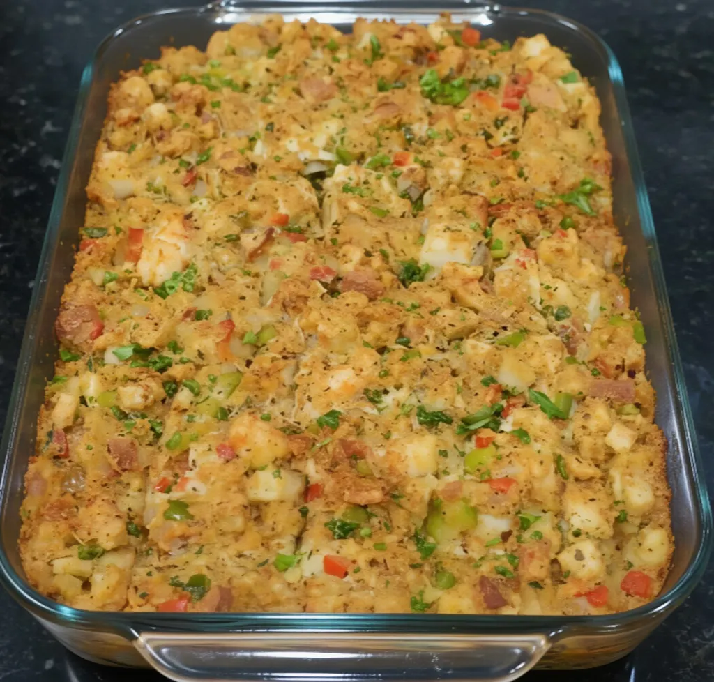 The completed Southern Seafood Dressing Recipe is spread evenly in a glass baking dish, showing a golden-brown, textured top filled with visible shrimp, herbs, and colorful vegetables.