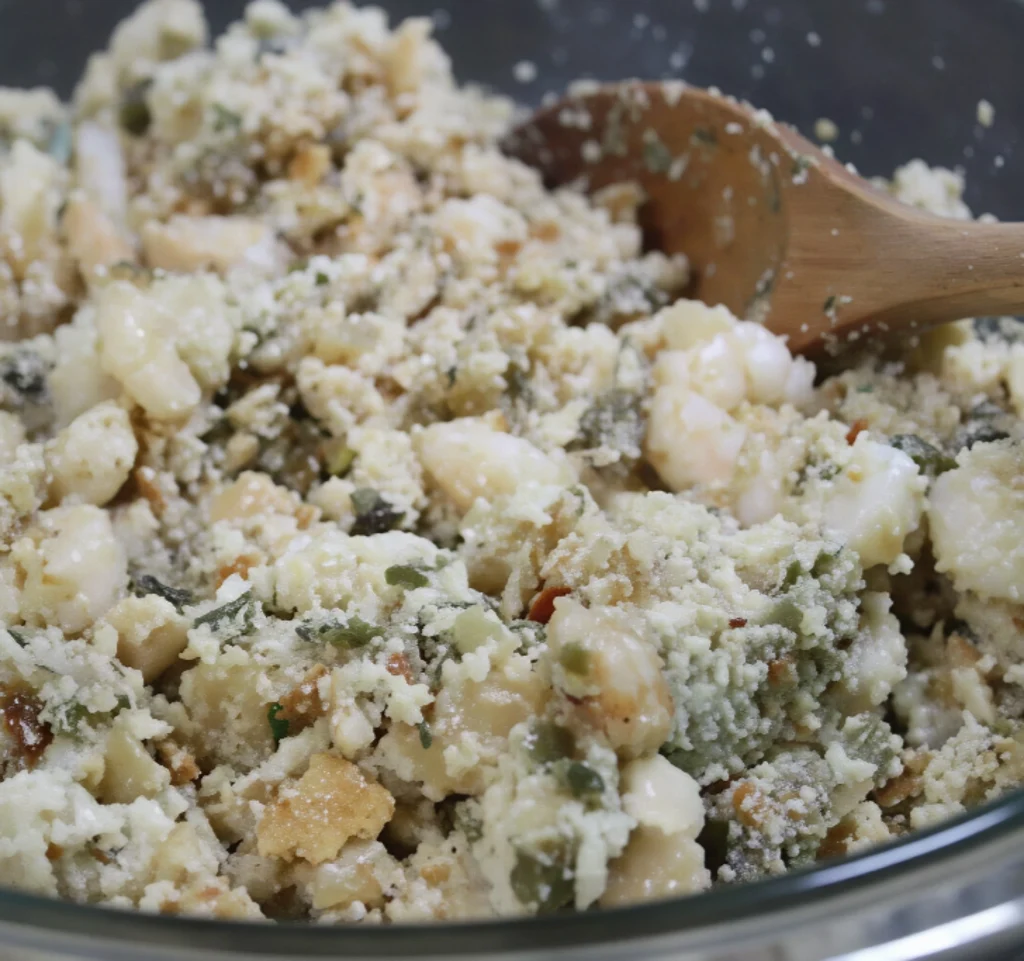Add the mixture of shrimp, oysters, and onions to a large bowl of crumbled cornbread and mix with a wooden spoon.