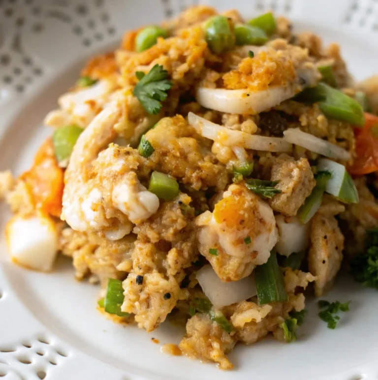 Southern Seafood Dressing Recipe on a white plate, containing large pieces of shrimp, oysters, green onions, and delicious golden cornbread stuffing.