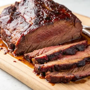 Slices of tender, Apple Juice Brisket Injection with a dark, caramelised, juicy crust on a wooden cutting board