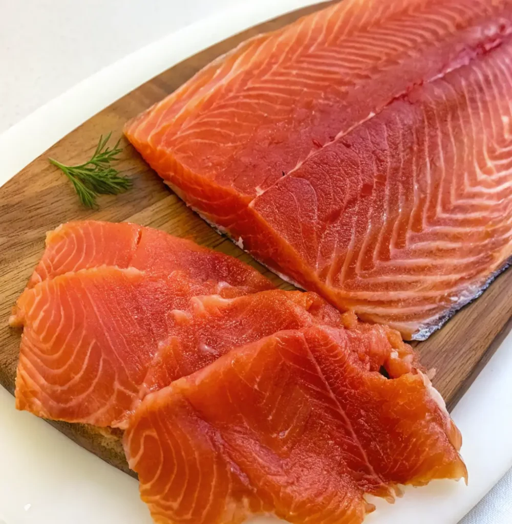 A vibrant, orange-red fillet of cold-smoked steelhead trout rests on a wooden board. Several thin, delicate slices are layered in the foreground, showcasing the fish's glossy texture and white marbling.