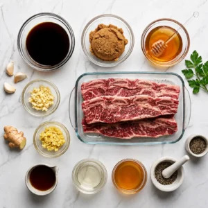 Multiple strips of flanken-style ribs, well-coated in a dark marinade and topped with garlic bits