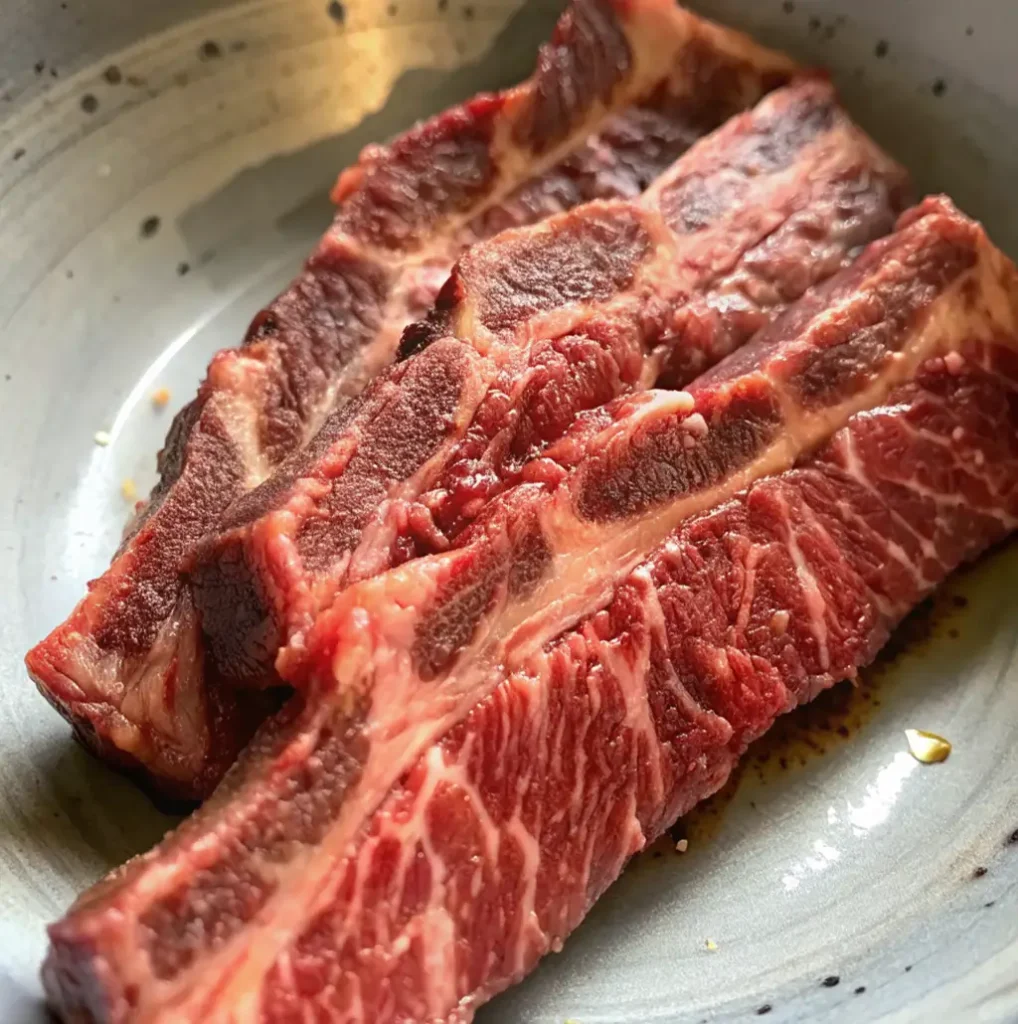 Thick-cut, flanken-style beef short ribs with vibrant marbling and visible bone cross-sections sit in a shallow bowl, lightly seasoned and glistening with oil,