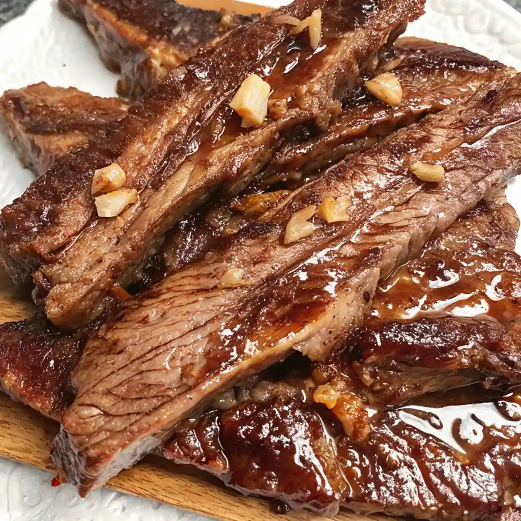Glazed, flanken style beef short ribs are piled high, showcasing a rich, dark sear and a glossy sauce. They are topped with bits of minced garlic on a white decorative plate.