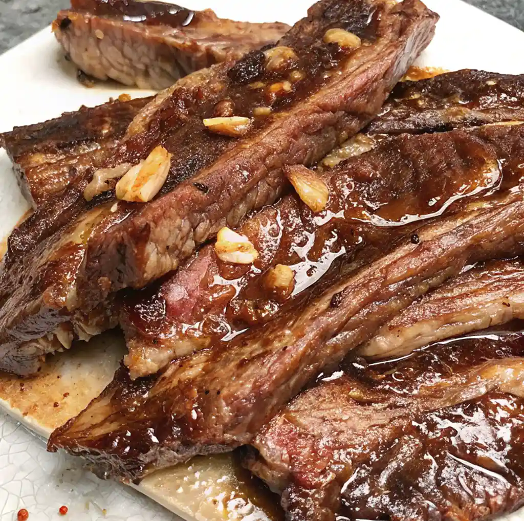 Glazed, flanken style beef short ribs are piled high, showcasing a rich, dark sear and a glossy sauce. They are topped with bits of minced garlic on a white decorative plate.
