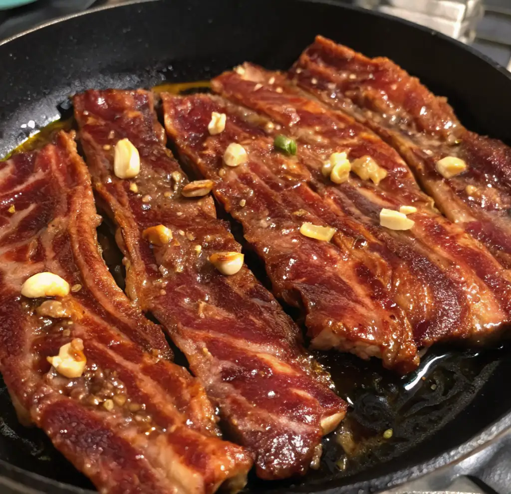 Four long strips of marinated flanken-style beef short ribs sizzle in a dark cast-iron skillet, topped with scattered garlic pieces as they sear in a shallow layer of oil.