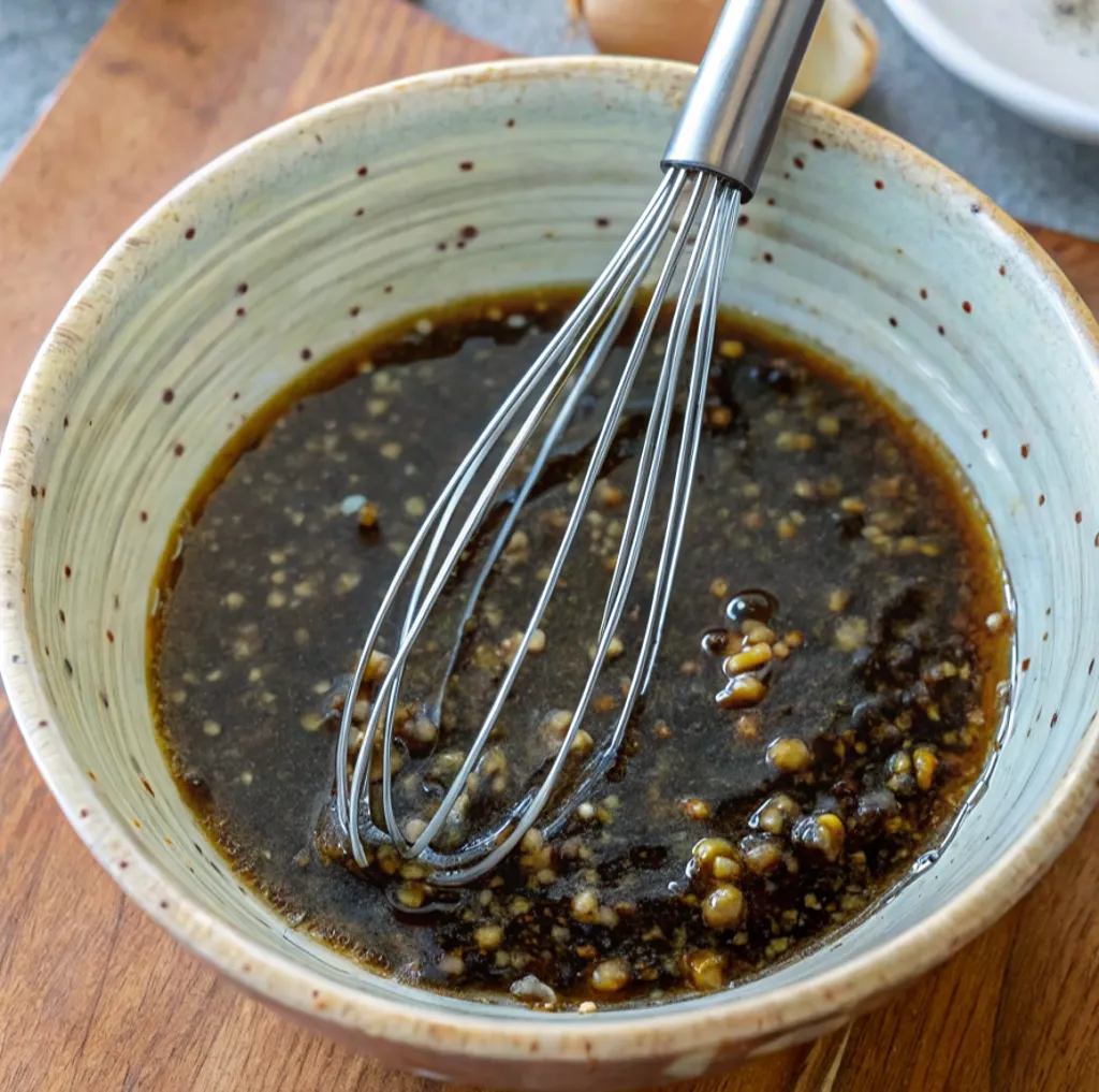 A metal whisk sits in a speckled ceramic bowl containing soy sauce, brown sugar, garlic, ginger, sesame oil, and vinegar, resting on a wooden surface.