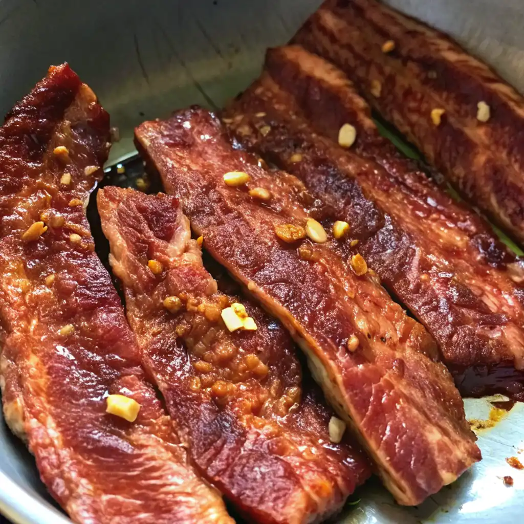 Multiple strips of flanken-style ribs, well-coated in a dark marinade and topped with garlic bits