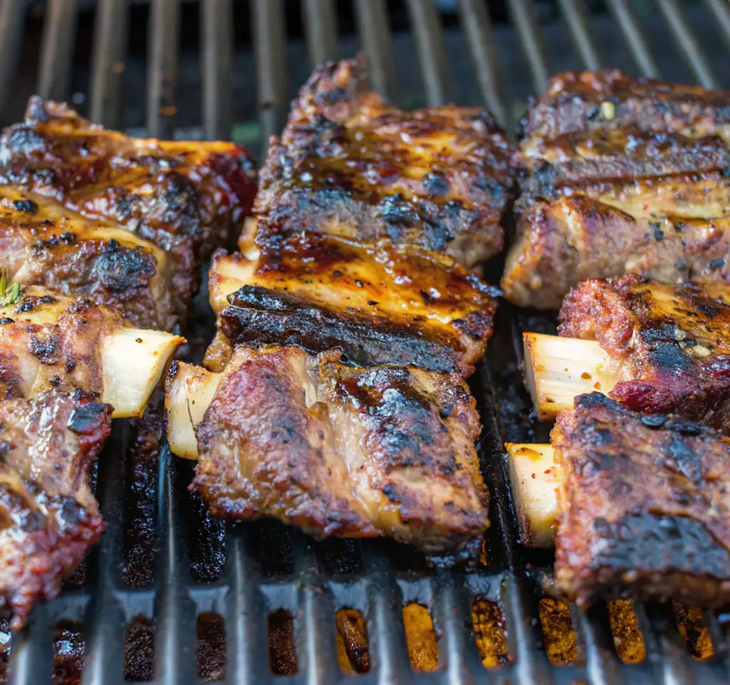 Succulent beef short ribs, first cooked sous-vide for tenderness, then finished on a grill to achieve a charred, caramelized glaze with visible grill marks and rich, smoky exterior textures.