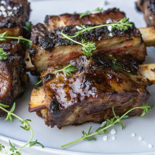 Glistening, tender Sous Vide Beef Short Ribs with a dark, caramelized crust are garnished with fresh thyme and coarse sea salt on a light gray plate, showcasing a rich, savory finish.