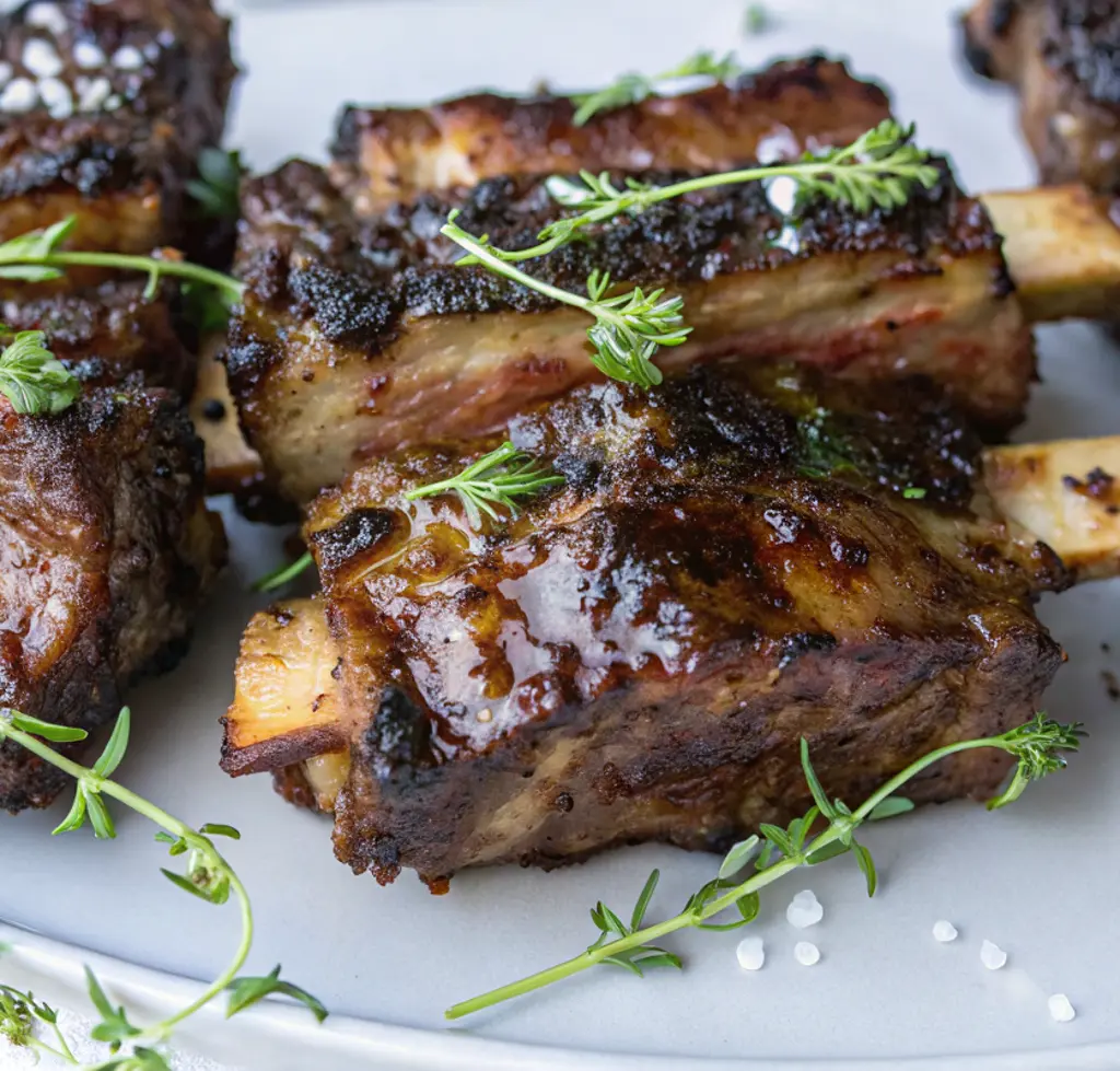 Glistening, tender Sous Vide Beef Short Ribs with a dark, caramelized crust are garnished with fresh thyme and coarse sea salt on a light gray plate, showcasing a rich, savory finish.