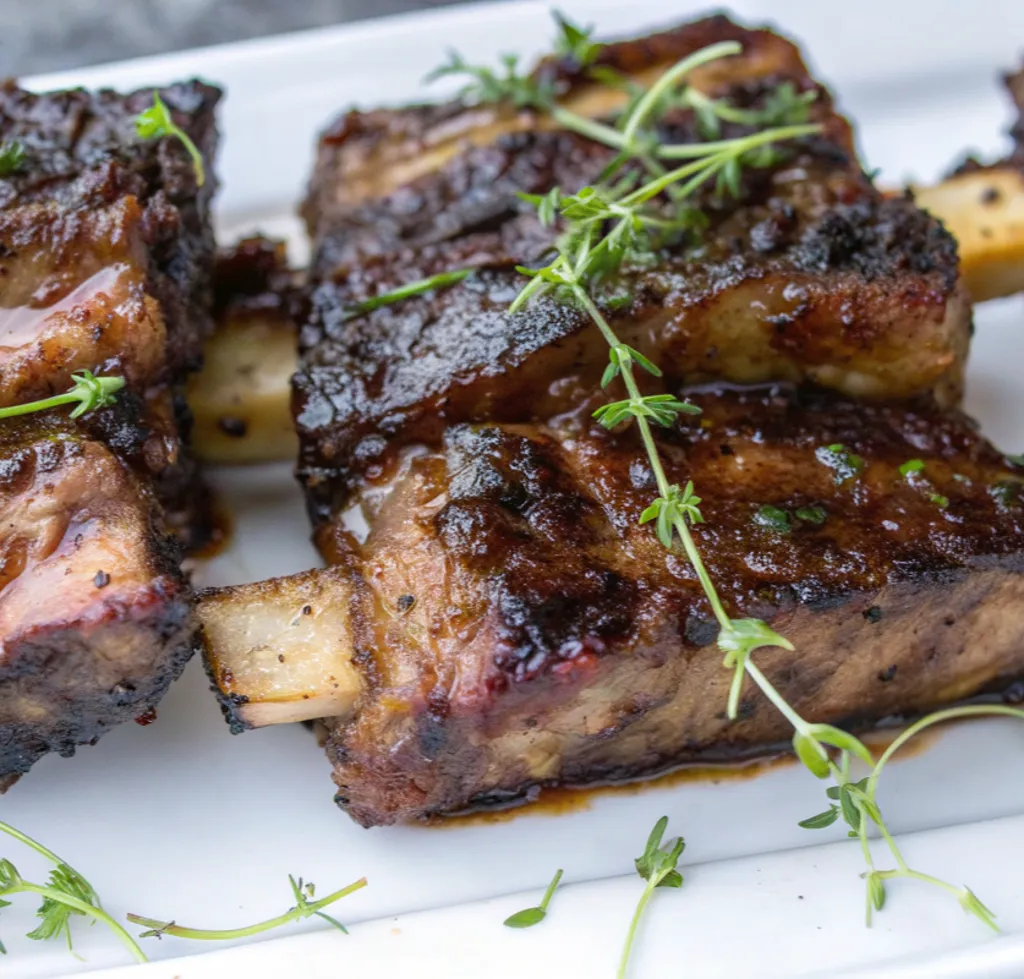Glistening, tender beef short ribs with a dark, caramelized crust are garnished with fresh thyme and coarse sea salt on a light gray plate, showcasing a rich, savory finish.