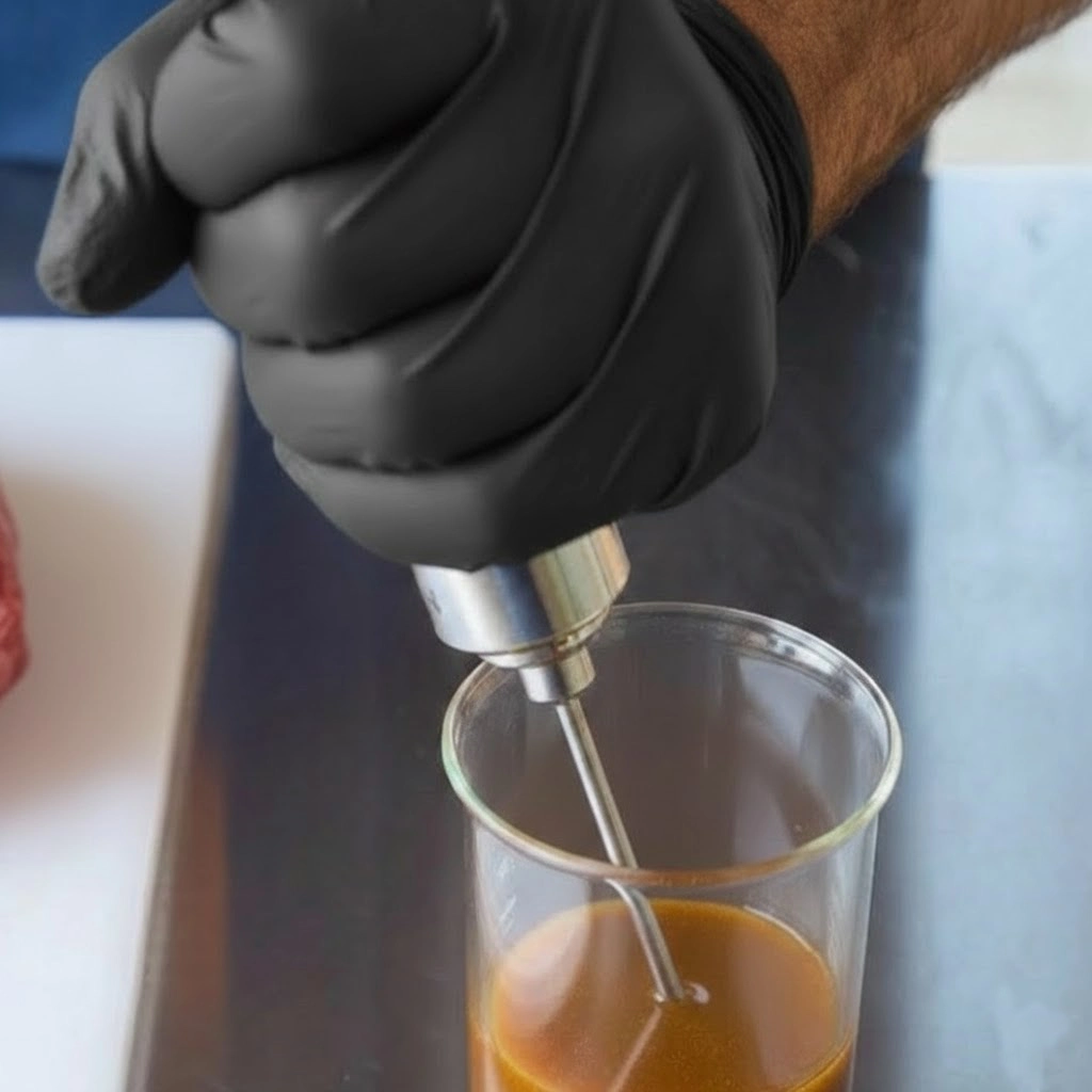 A close-up of a gloved hand holding a meat injector and dApple Juice Brisket Injection mixture from a glass measuring beaker.