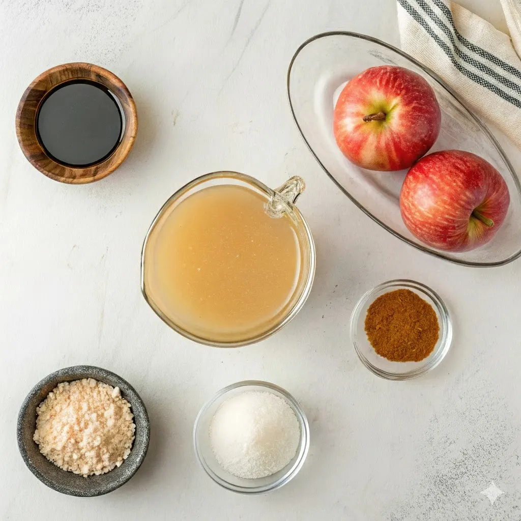 Ingredients for apple juice brisket injection are arranged on a white surface, featuring a bowl of apple juice, small dishes of spices, salt, sugar, garlic cloves, and sliced red onions.