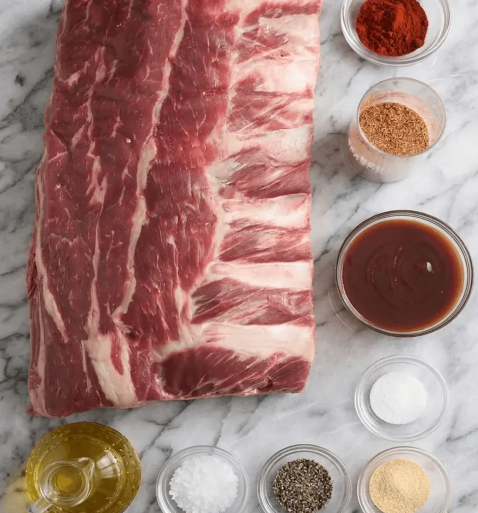 Raw beef ribs on a marble surface surrounded by small bowls of paprika, dry rub, BBQ sauce, salt, black pepper, garlic powder, and a bottle of olive oil.