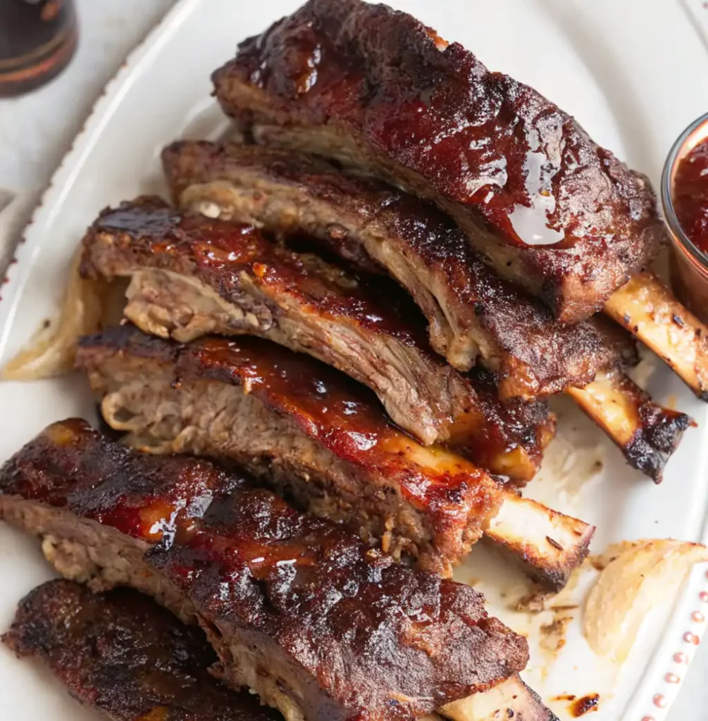 A platter of sliced, tender beef ribs in oven at 350. The meat is juicy with a dark, caramelized BBQ glaze.