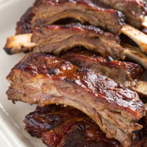 A platter of sliced, tender beef ribs in oven at 350. The meat is juicy with a dark, caramelized BBQ glaze.