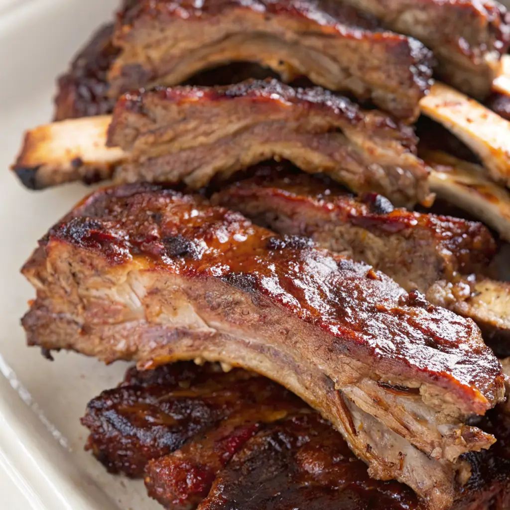 A platter of sliced, tender beef ribs in oven at 350. The meat is juicy with a dark, caramelized BBQ glaze.