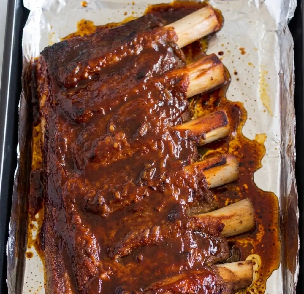 Tender, oven-baked beef ribs on a foil-lined tray, generously glazed with a thick, glossy BBQ sauce. The meat is perfectly caramelized after beef ribs in oven at 350, ready for serving.