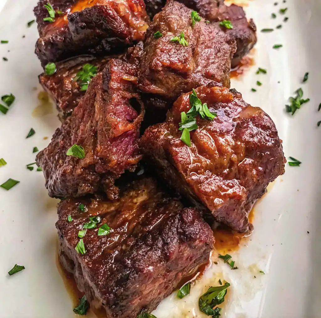 Succulent, oven-roasted boneless beef ribs featuring a deep mahogany crust and tender interior. Garnished with fresh chopped parsley and drizzled in savory pan juices on a clean white platter.