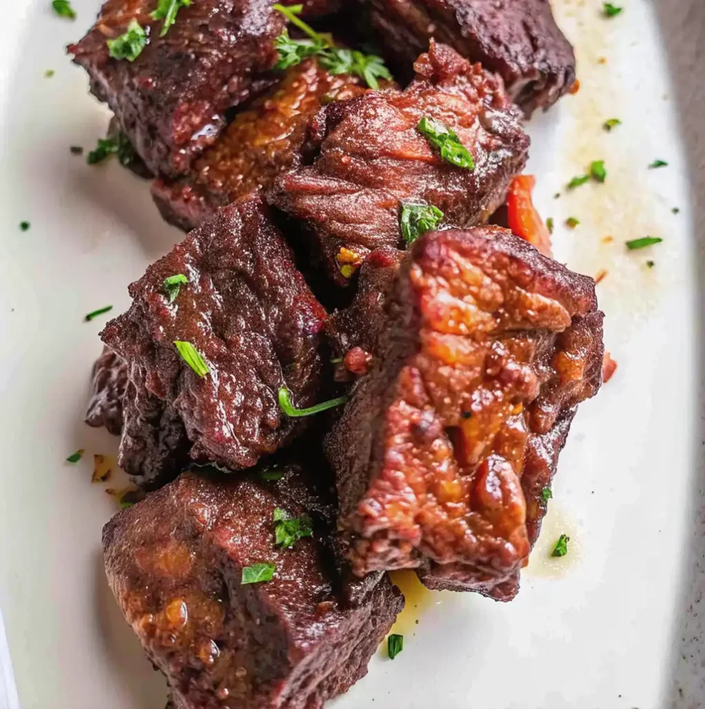 Boneless Beef Ribs Recipe featuring a deep mahogany crust and tender interior. Garnished with fresh chopped parsley and drizzled in savory pan juices on a clean white platter.