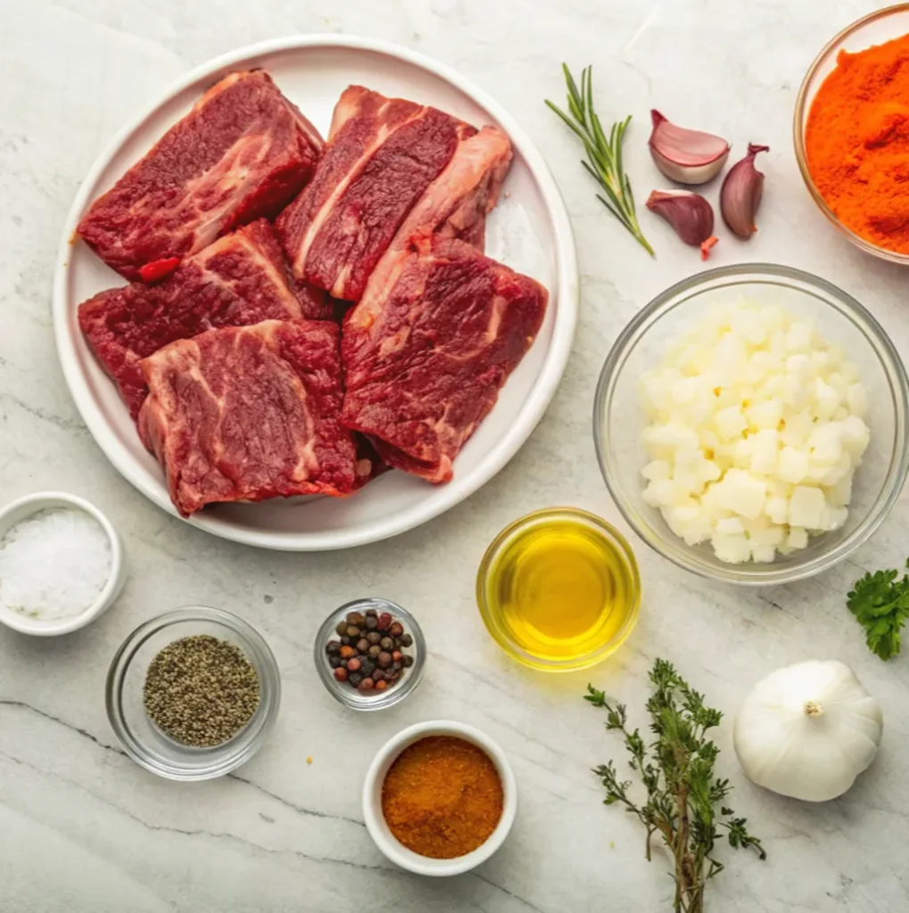 Boneless Beef Ribs Recipe ingredients on a white plate, surrounded by ingredients: diced onions, garlic cloves, rosemary, thyme, olive oil, and various spices including paprika and peppercorns.