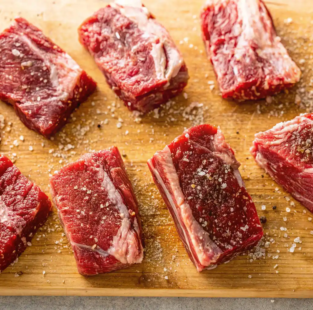 Six thick cuts of raw boneless beef ribs seasoned with coarse sea salt and cracked black pepper, arranged on a wooden cutting board during the meal preparation process.