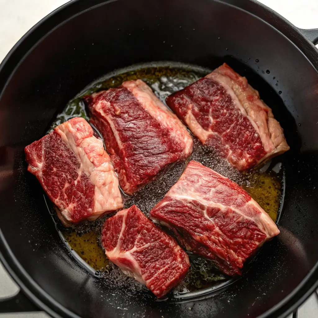 Top-down view of seasoned raw boneless beef ribs searing in a hot, dark Dutch oven with shimmering oil