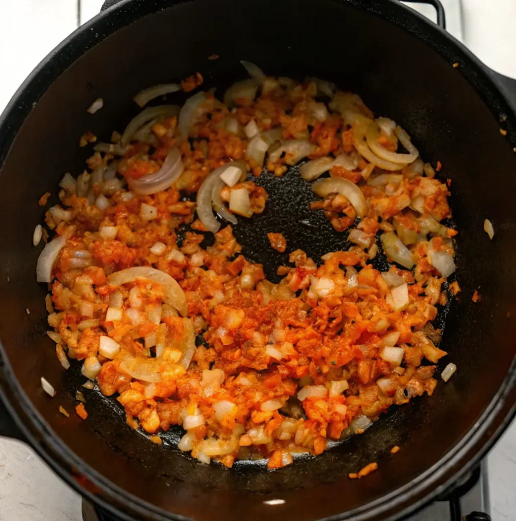 A black Dutch oven containing sautéed onions and minced aromatics being stirred with a spatula.