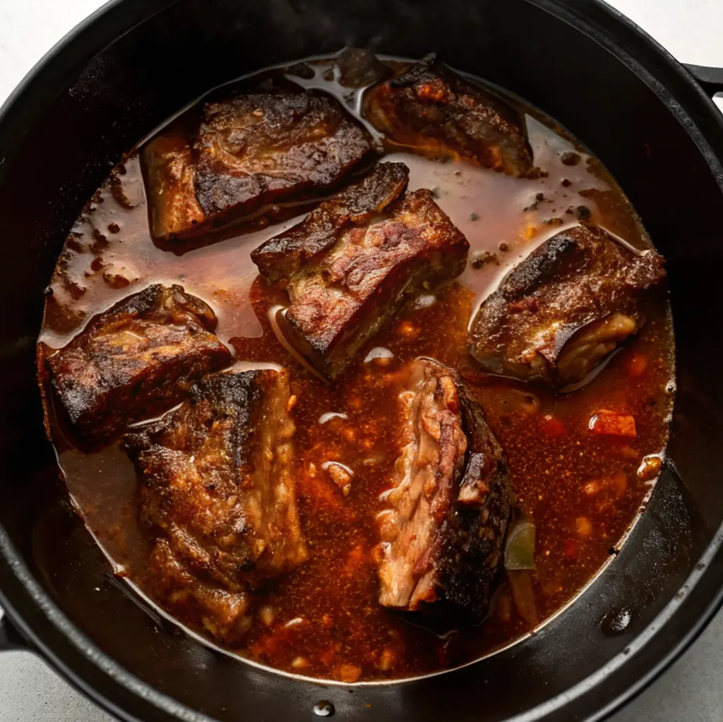 Seared boneless beef ribs submerged in a rich, dark braising liquid within a black Dutch oven. The meat is partially covered by the savory broth