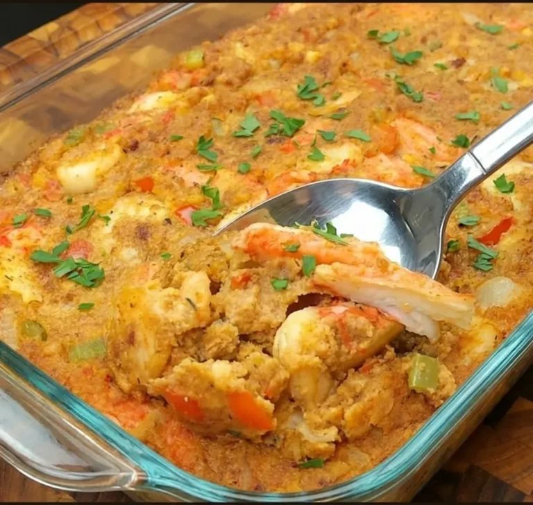 A large silver spoon scoops a serving of moist cornbread seafood dressing from a glass dish, highlighting tender shrimp, crab meat, and a fresh garnish of chopped parsley.