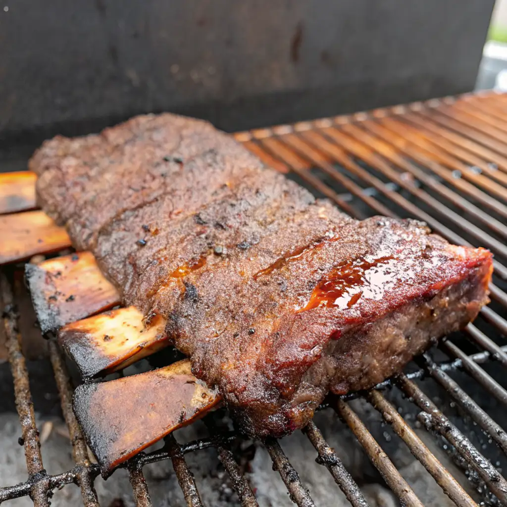 A rack of thick, pepper-crusted beef ribs slowly smokes on a metal grill grate. The succulent meat pulls back from the bone, showcasing a rich, dark bark and glistening juices.