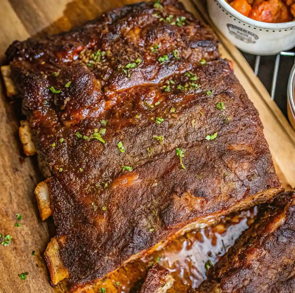 A tender rack of slow-cooked beef ribs rests on a wooden board, garnished with fresh herbs. The meat is deeply browned with a savory glaze, revealing juicy, succulent layers.