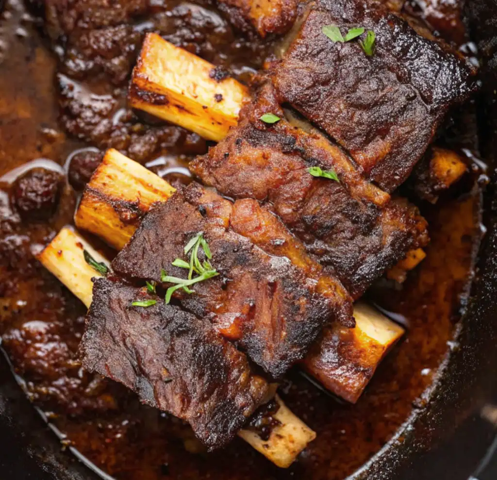 Succulent, fall-off-the-bone beef ribs simmer in a rich, savory gravy. The tender meat is beautifully seared and topped with fresh herbs, showcasing a perfect slow-cooked, melt-in-your-mouth texture.