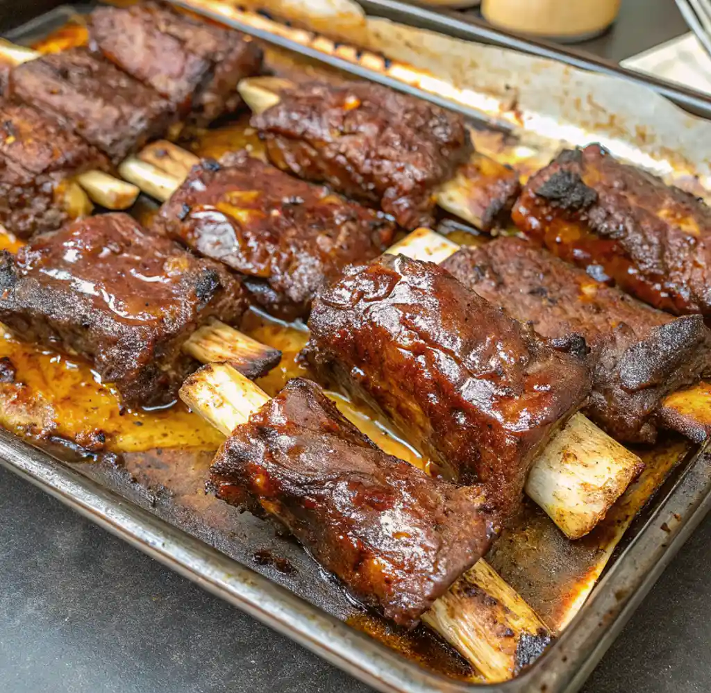 How Long to Cook Beef Ribs A tray of tender, glazed beef ribs rests on parchment paper, perfectly roasted until the meat pulls away from the bone.