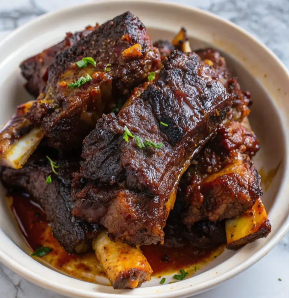 Tender, slow-cooked beef short ribs featuring a rich, dark sear and savory glaze. Served in a shallow bowl with natural juices and garnished with a sprinkle of fresh green herbs.