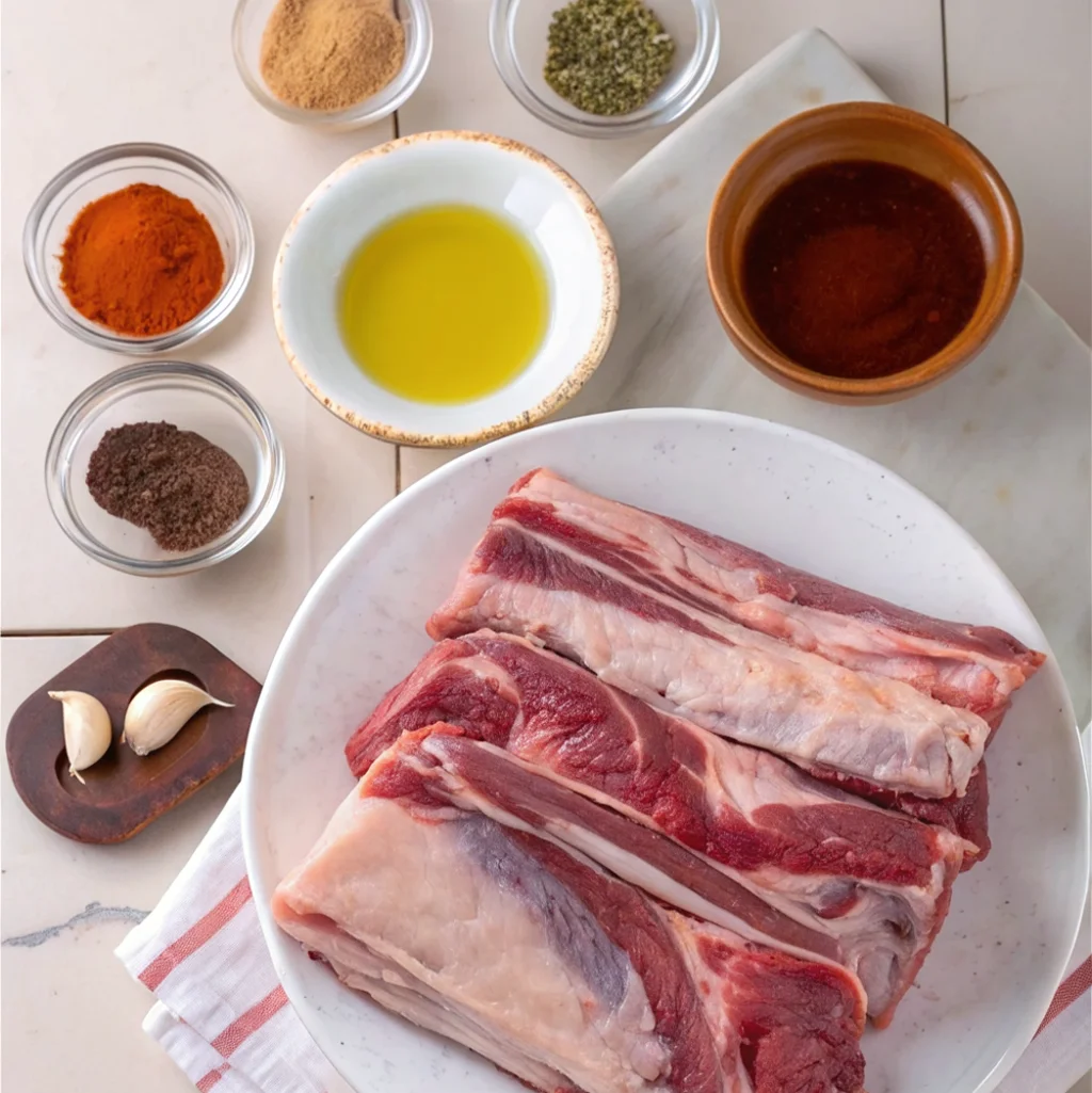 Raw beef short ribs on a white plate surrounded by bowls of olive oil, various dry spices, two garlic cloves, and a savory liquid marinade, ready for cook beef ribs preparation.