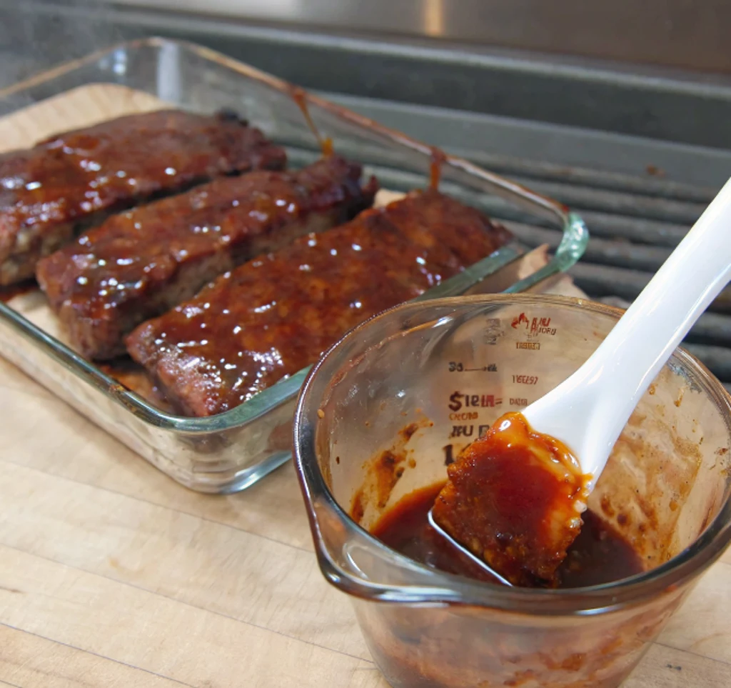 Cooked beef ribs resting in a glass dish being brushed with a thick, glossy red barbecue glaze from a glass measuring cup