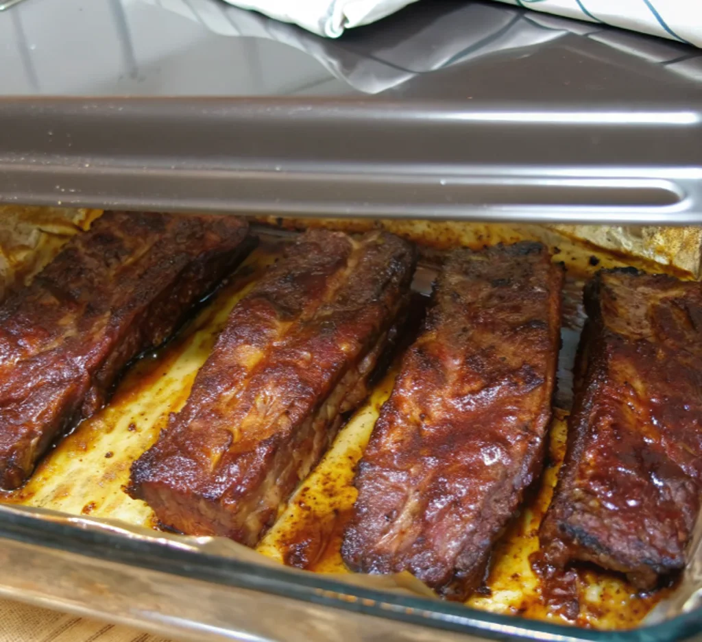 Four tender, dark-glazed beef ribs resting in a glass baking dish, showing a caramelized exterior and rich juices after being slow-cooked in the oven.