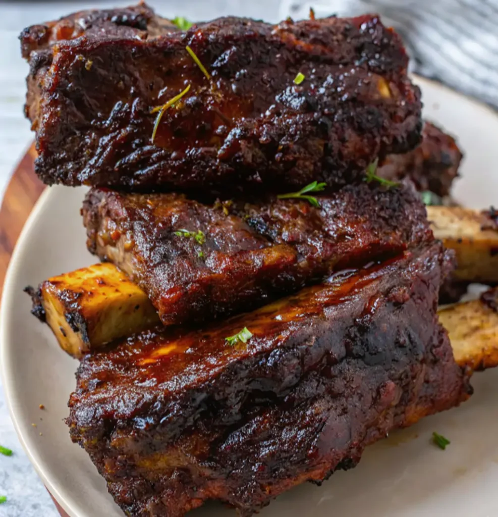 Tender, slow-cooked beef short ribs featuring a rich, In the style how to cook beef ribs dark sear and savory glaze. Served in a shallow bowl with natural juices and garnished with a sprinkle of fresh green herbs.