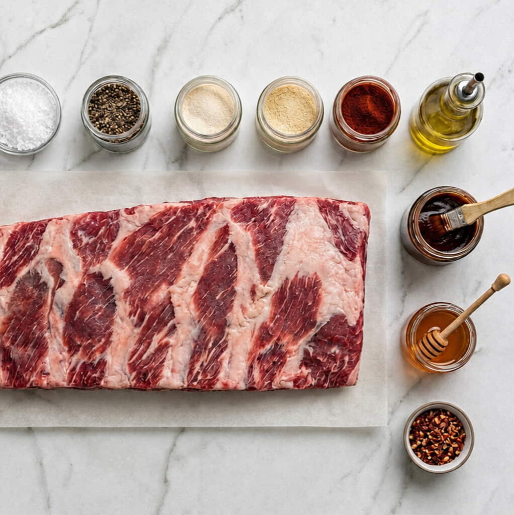 Ingredients for oven-baked beef ribs: a whole raw rack of short ribs sits ready on parchment paper, next to jars of seasonings, wet ingredients, and chili flakes on marble.