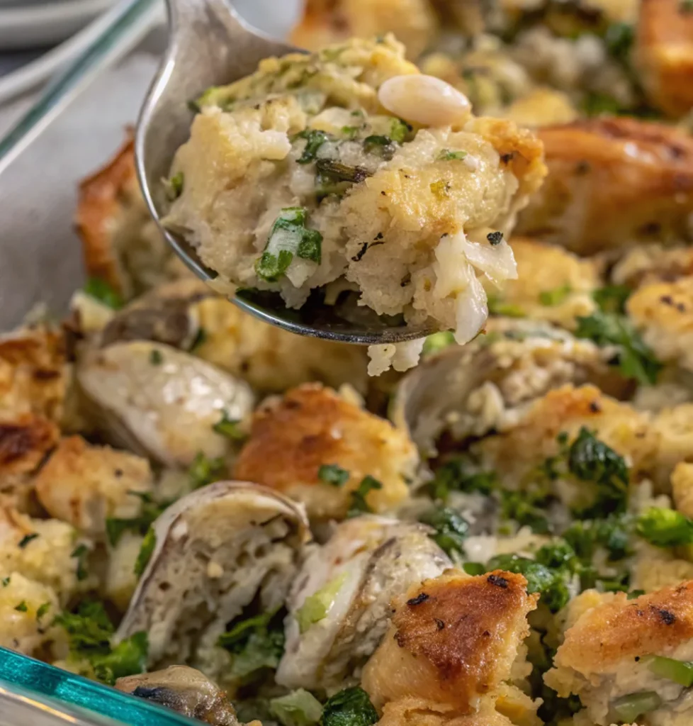 Homemade Oyster Seafood Dressing Recipe with toasted bread and fresh parsley in a clear baking pan. A metal spoon scoops out a serving, highlighting the rich texture of the dish.