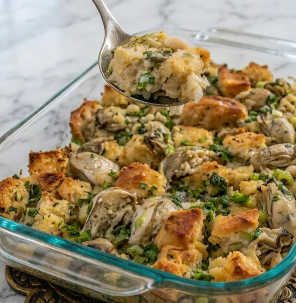 Homemade Oyster Seafood Dressing Recipe with toasted bread and fresh parsley in a clear baking pan. A metal spoon scoops out a serving, highlighting the rich texture of the dish.
