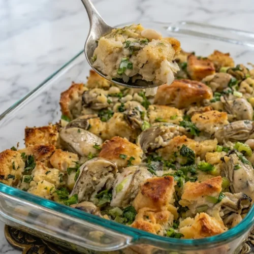 Homemade Oyster Seafood Dressing Recipe with toasted bread and fresh parsley in a clear baking pan. A metal spoon scoops out a serving, highlighting the rich texture of the dish.