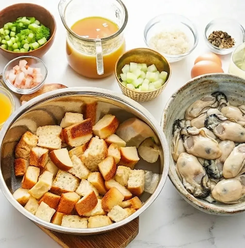 ingredients for Oyster Seafood Dressing Recipe, including bowls of toasted bread cubes, fresh raw oysters, chopped celery, diced onions, seafood broth, eggs, and various savory spices.