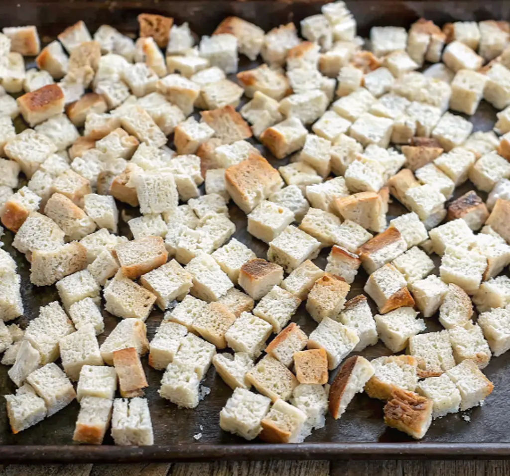 Bread cubes on a baking sheet, ready to go in the oven to toast a little