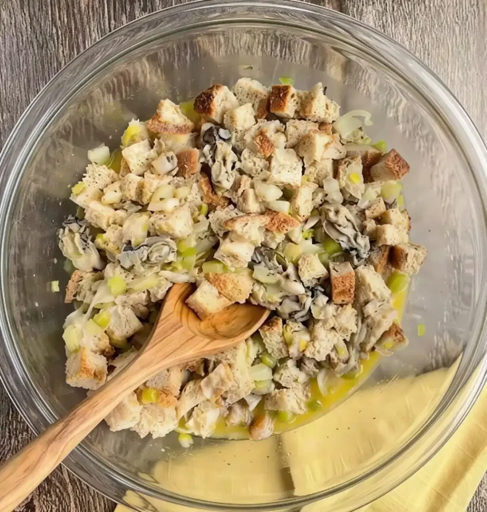 A top-down view of oyster dressing ingredients in a clear bowl. A wooden spoon stirs together golden bread pieces, plump oysters, celery, and onions in a savory liquid.