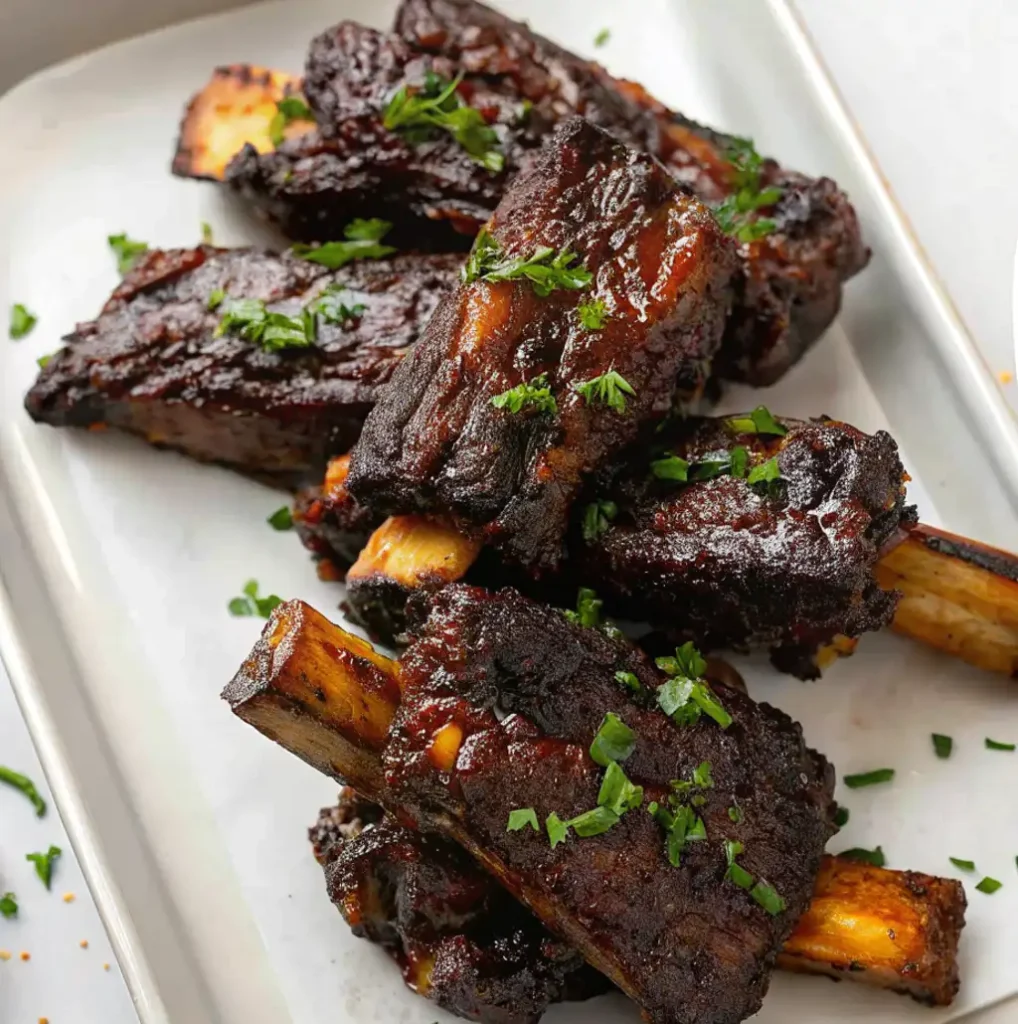 Tender, Slow Cooker Beef Ribs glazed in a rich, dark barbecue sauce, piled on a white platter and garnished with fresh chopped parsley