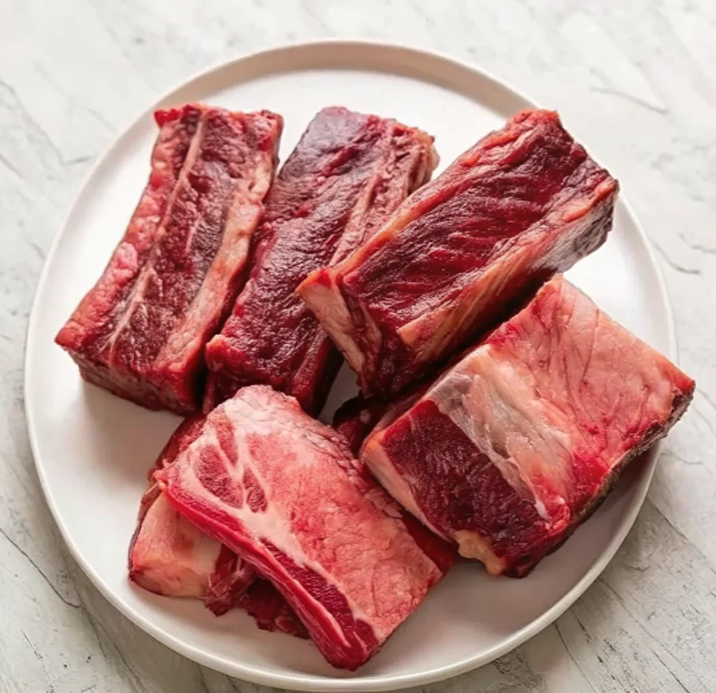 Fresh, thick-cut raw beef short ribs with rich marbling and deep red color arranged on a clean white plate