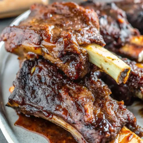 Close-up of succulent, Slow Cooker Beef Ribs glistening with a sticky, caramelized barbecue glaze, showing tender meat pulling away from the bone for a mouthwatering.